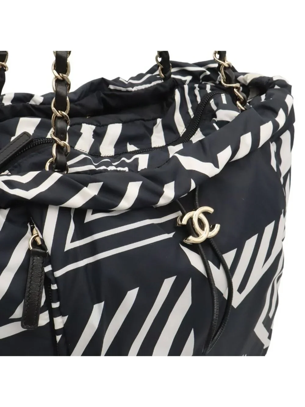 Chanel Coco Beach Backpack Chain Shoulder Bag Star Pattern Nylon Leather Black